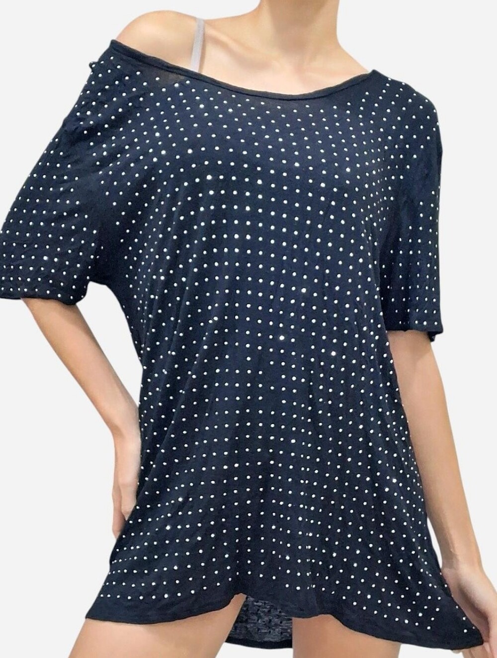 Maje Black Rhinestone Studded Viscose Tee Oversized Off Shoulder S/M/L Scoop